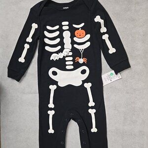 Carters Baby 12 mo Halloween Black Long Sleeve 1 piece Skelton Bones Pumpkin NEW